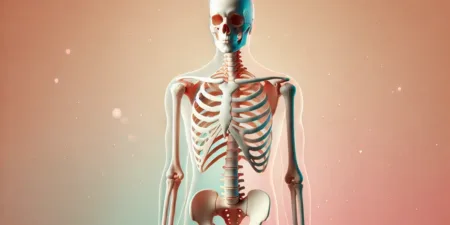 Maneiras de melhorar a saúde dos ossos - DALL·E A realistic depiction of a human skeleton in full standing upright with a soft and warm color palette The bones should be in natural white but the ( )